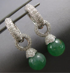 ESTATE LARGE 40.62CT DIAMOND & AAA JADE 18KT WHITE GOLD HUGGIE HANGING EARRINGS