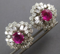ANTIQUE 7.30CT DIAMOND & AAA PINK RUBY 18KT WHITE GOLD FLOWER CLIP ON EARRINGS