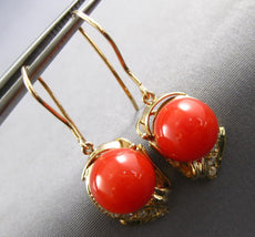 .22CT DIAMOND & AAA CORAL 18KT YELLOW GOLD 3D LEVERBACK HANGING EARRINGS #27180