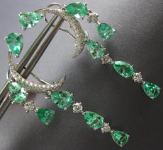 LARGE 6.01CT DIAMOND & AAA EMERALD 18KT WHITE GOLD MOON CLIP ON HANGING EARRINGS