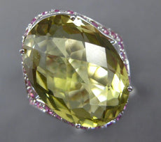 12.35CT AAA LEMON QUARTZ & PINK SAPPHIRE 14KT WHITE GOLD OVAL FILIGREE FUN RING
