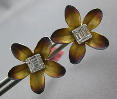 LARGE .40CT DIAMOND 18KT 2 TONE GOLD 3D CLASSIC ROSE FLOWER SQUARE STUD EARRINGS