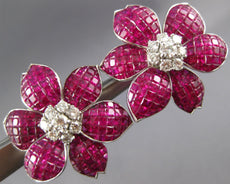 EXTRA LARGE 39.5CT DIAMOND & AAA RUBY PLATINUM FLOWER CLIP ON HANGING EARRINGS