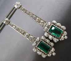 ANTIQUE EXTRA LARGE 6.36CT DIAMOND & AAA EMERALD 18K WHITE GOLD HANGING EARRINGS