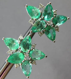 LARGE 7.08CT DIAMOND & EMERALD 18K WHITE GOLD PEAR SHAPE FLOWER CLIP ON EARRINGS