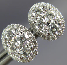 ESTATE 1.09CT DIAMOND 18KT WHITE GOLD CLUSTER INVISIBLE OVAL HALO STUD EARRINGS