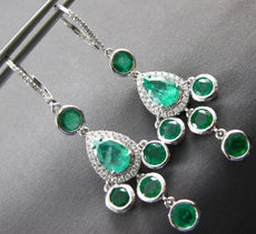 LARGE 6.03CT DIAMOND & AAA EMERALD 18KT WHITE GOLD 3D LEVERBACK HANGING EARRINGS