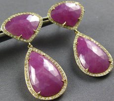 33.0CT DIAMOND & AAA SLICED RUBY 14KT YELLOW GOLD 3D TEAR DROP HANGING EARRINGS