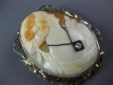 ANTIQUE LARGE .08CT OLD MINE DIAMOND 14K WHITE GOLD LADY CAMEO BROOCH PIN #26750