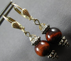 ESTATE AAA BROWN ONYX & CRYSTAL 925 STERLING SILVER HANGING EARRINGS #27096