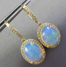 LARGE 8.13CT DIAMOND & AAA OPAL 14KT YELLOW GOLD 3D OVAL HALO HANGING EARRINGS