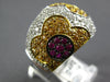 LARGE 2.45CT WHITE & CANARY DIAMOND & AAA RUBY 18KT 2 TONE GOLD FLOWER LOVE RING