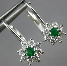 ESTATE .53CT DIAMOND & EMERALD 14KT WHITE GOLD FLOWER LEVERBACK HANGING EARRINGS