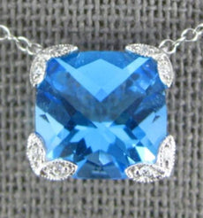 3.03CT DIAMOND & AAA BLUE TOPAZ 14K WHITE GOLD CUSHION & ROUND FILIGREE NECKLACE