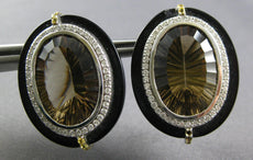 51.61CT DIAMOND & AAA SMOKY TOPAZ & ONYX 14K WHITE GOLD CLIP ON HANGING EARRINGS