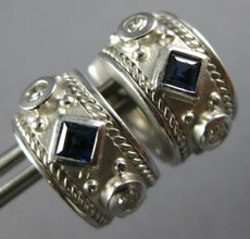 WIDE .6CT DIAMOND & AAA SAPPHIRE 18K WHITE GOLD PRINCESS & ROUND HUGGIE EARRINGS