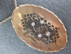 ESTATE .16CT DIAMOND 14KT ROSE GOLD 3D FILIGREE ETOILE OVAL HEART LOVE NECKLACE