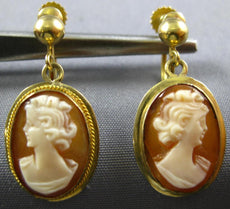 ESTATE 18KT YELLOW GOLD 3D CLASSIC LADY CAMEO OVAL SCREWBACK HANGING EARRINGS