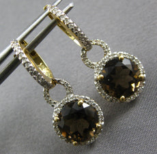 3.95CT DIAMOND & AAA SMOKY TOPAZ 14KT YELLOW GOLD 3D ROUND HALO HANGING EARRINGS