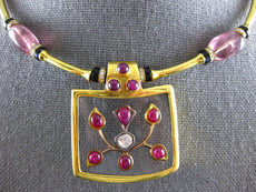 ANTIQUE 17.85CT OLD MINE DIAMOND RUBY & QUARTZ 18K YELLOW GOLD CHOKER NECKLACE
