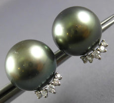LARGE .24CT DIAMOND & AAA TAHITIAN PEARL 18KT WHITE GOLD 3D CROWN STUD EARRINGS