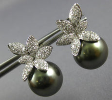LARGE 1.03CT DIAMOND & AAA TAHITIAN PEARL 18K WHITE GOLD FLOWER HANGING EARRINGS