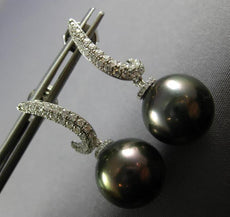 ESTATE .48CT DIAMOND & AAA TAHITIAN PEARL 18K WHITE GOLD SWIRL HANGING EARRINGS