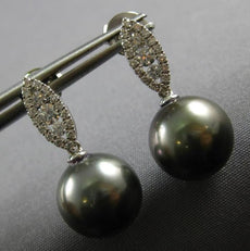 ESTATE .45CT DIAMOND & AAA TAHITIAN PEARL 18K WHITE GOLD LEAF HANGING EARRINGS