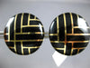 ESTATE LARGE BLACK ENAMEL 14K YELLOW GOLD 3D CIRCULAR CRISS CROSS STUD EARRINGS