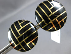 ESTATE LARGE BLACK ENAMEL 14K YELLOW GOLD 3D CIRCULAR CRISS CROSS STUD EARRINGS