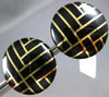 ESTATE LARGE BLACK ENAMEL 14K YELLOW GOLD 3D CIRCULAR CRISS CROSS STUD EARRINGS