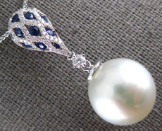.64CT DIAMOND & AAA SAPPHIRE & SOUTH SEA PEARL 18KT WHITE GOLD TEAR DROP PENDANT