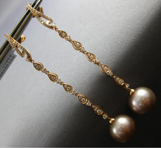 LONG .58CT DIAMOND & AAA PINK SOUTH SEA PEARL 18KT ROSE GOLD 3D HANGING EARRINGS