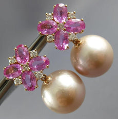 3.38CT DIAMOND & AAA PINK SAPPHIRE & PINK SOUTH SEA PEARL 18K ROSE GOLD EARRINGS