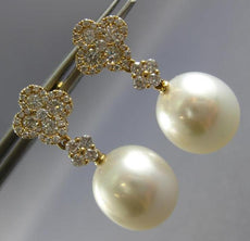 ESTATE .77CT DIAMOND & AAA SOUTH SEA PEARL 18K ROSE GOLD FLOWER HANGING EARRINGS