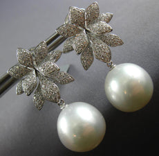 LARGE 1.6CT DIAMOND & AAA SOUTH SEA PEARL 18K WHITE GOLD FLOWER HANGING EARRINGS