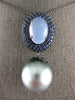 5.75CT AAA BLUE CHALCEDONY & SAPPHIRE & PEARL 18KT BLACK GOLD 3D FLOWER PENDANT