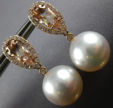 2.53CT DIAMOND AAA MORGANITE & SOUTH SEA PEARL 18K ROSE GOLD 3D HANGING EARRINGS