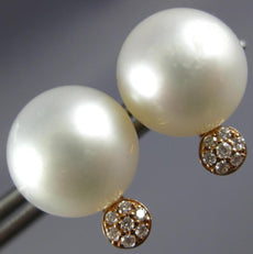 ESTATE LARGE .10CT DIAMOND & AAA SOUTH SEA PEARL 18KT ROSE GOLD 3D STUD EARRINGS