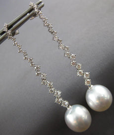 LARGE & LONG 1.53CT DIAMOND & SOUTH SEA PEARL 18K WHITE GOLD 3D HANGING EARRINGS