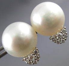LARGE .35CT DIAMOND & AAA SOUTH SEA PEARL 18KT WHITE GOLD 3D MOON STUD EARRINGS