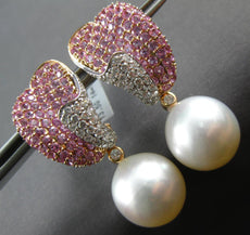 LARGE 5.2CT DIAMOND & AAA PINK SAPPHIRE & SOUTH SEA PEARL 18K ROSE GOLD EARRINGS