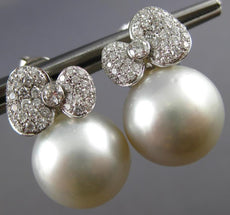 LARGE .88CT DIAMOND & AAA SOUTH SEA PEARL 18K WHITE GOLD 3D BOW HANGING EARRINGS