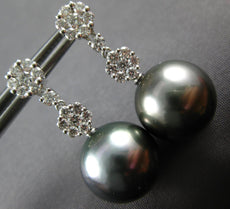 ESTATE .79CT DIAMOND & AAA TAHITIAN PEARL 18K WHITE GOLD FLOWER HANGING EARRINGS