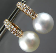 ESTATE .78CT DIAMOND & AAA SOUTH SEA PEARL 18K ROSE GOLD HUGGIE HANGING EARRINGS