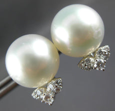 LARGE .3CT DIAMOND & AAA SOUTH SEA PEARL 18K WHITE GOLD MULTI LEAF STUD EARRINGS