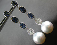 LONG 1.7CT DIAMOND & AAA SAPPHIRE & SOUTH SEA PEARL 18K WHITE GOLD OVAL EARRINGS