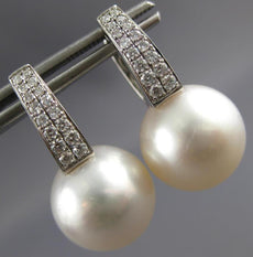 LARGE .40CT DIAMOND & AAA SOUTH SEA PEARL 18K WHITE GOLD HUGGIE HANGING EARRINGS