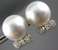 LARGE .36CT DIAMOND & AAA SOUTH SEA PEARL 18KT WHITE GOLD 3D BOW STUD EARRINGS