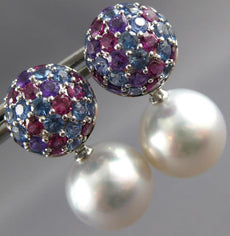 LARGE 5CT AAA MULTI GEM & AAA SOUTH SEA PEARL 18K WHITE GOLD 3D HANGING EARRINGS